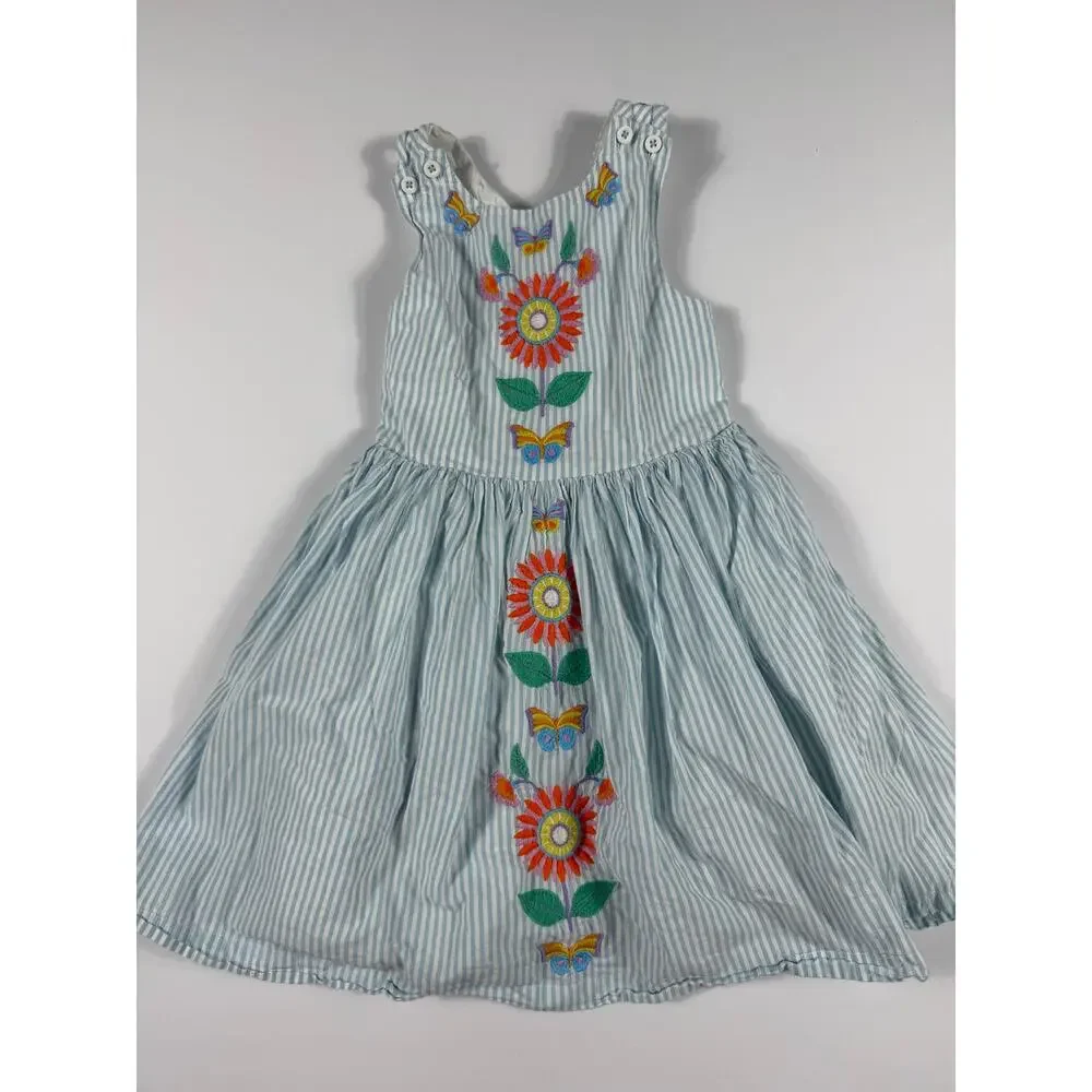 Mini Boden Embroidered Cross-Back Dress Blue Stripe Butterfly Floral 6-7 Years